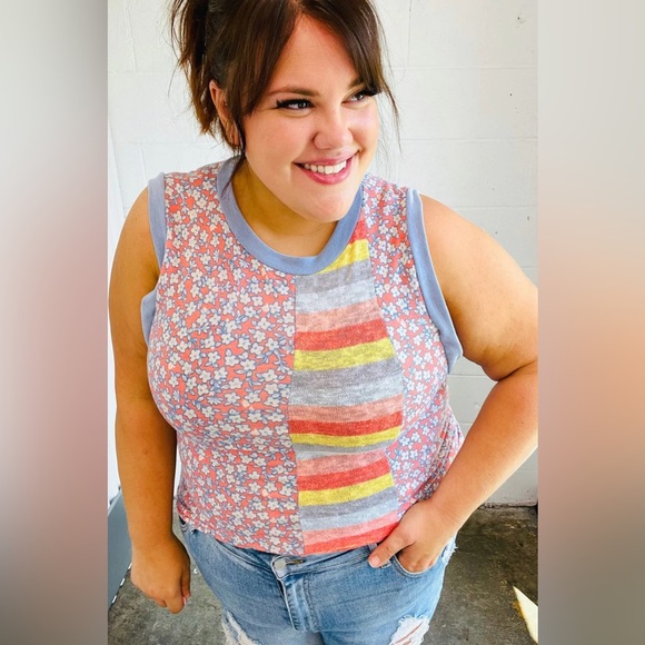 Coral & Denim Stripe Floral Print Tank Top - Picture 1 of 10